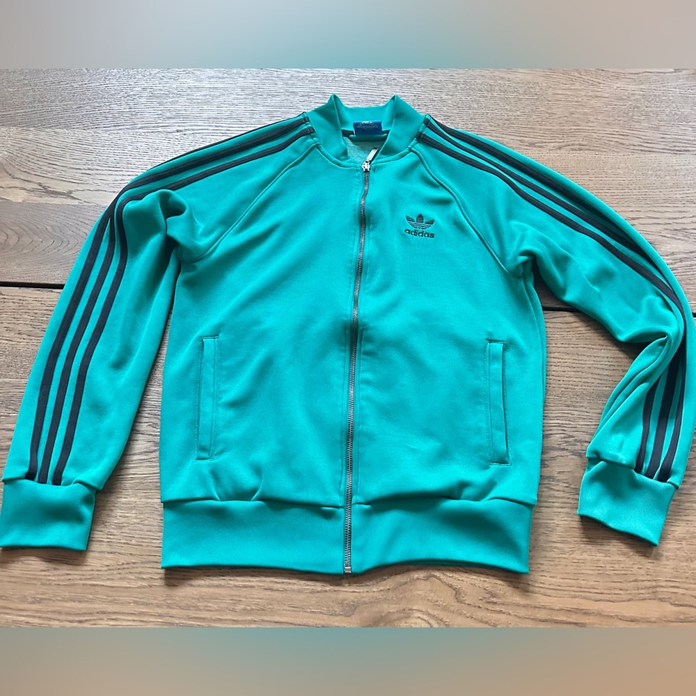 Adidas Turquoise Zip-Up Jacket with Black Stripes Size Small - Picture 2 of 14